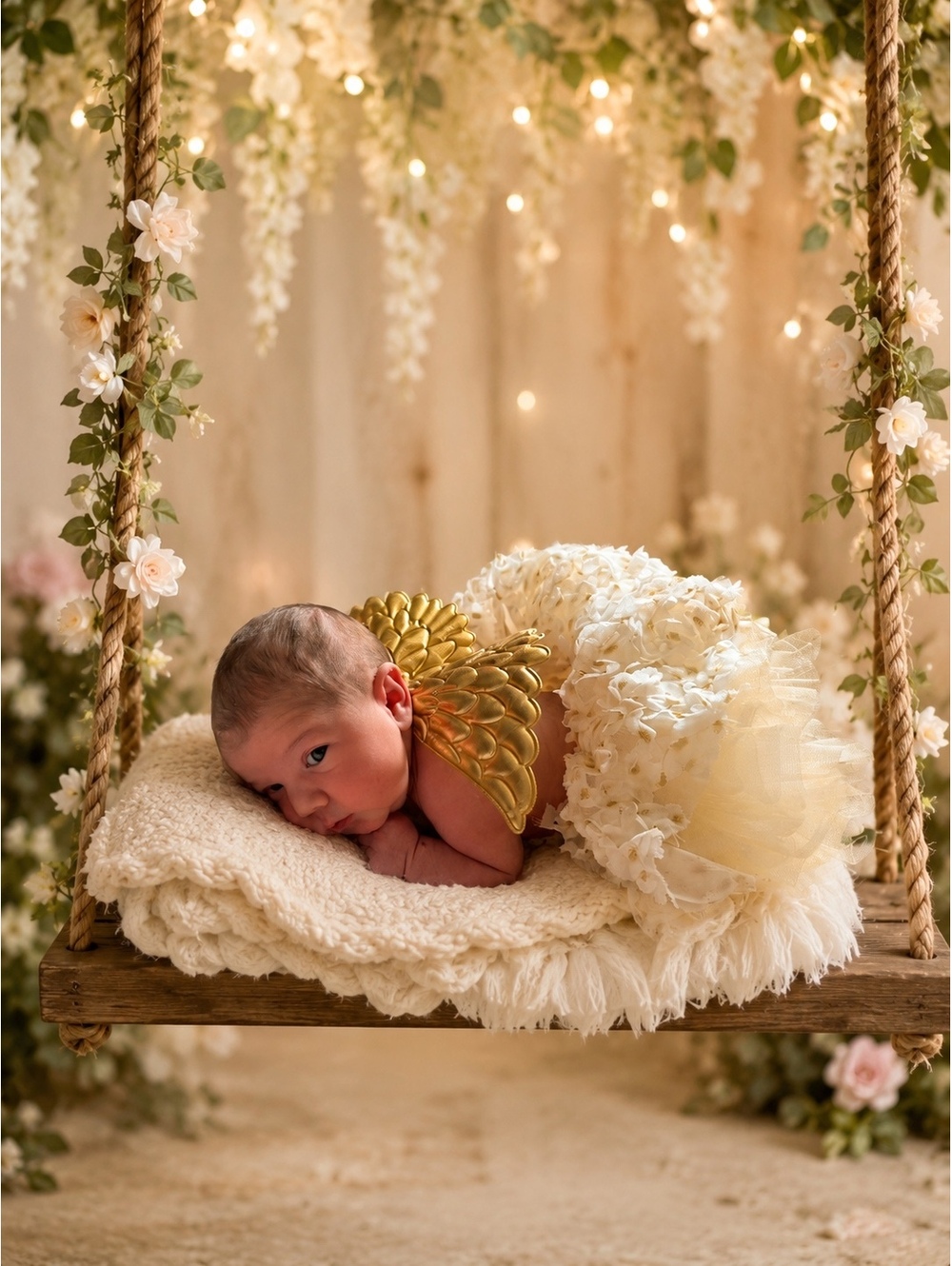 Baby Angel Photo Prop Outfit White Gold Ruffle Skirt with Gold Wings Newborn #48